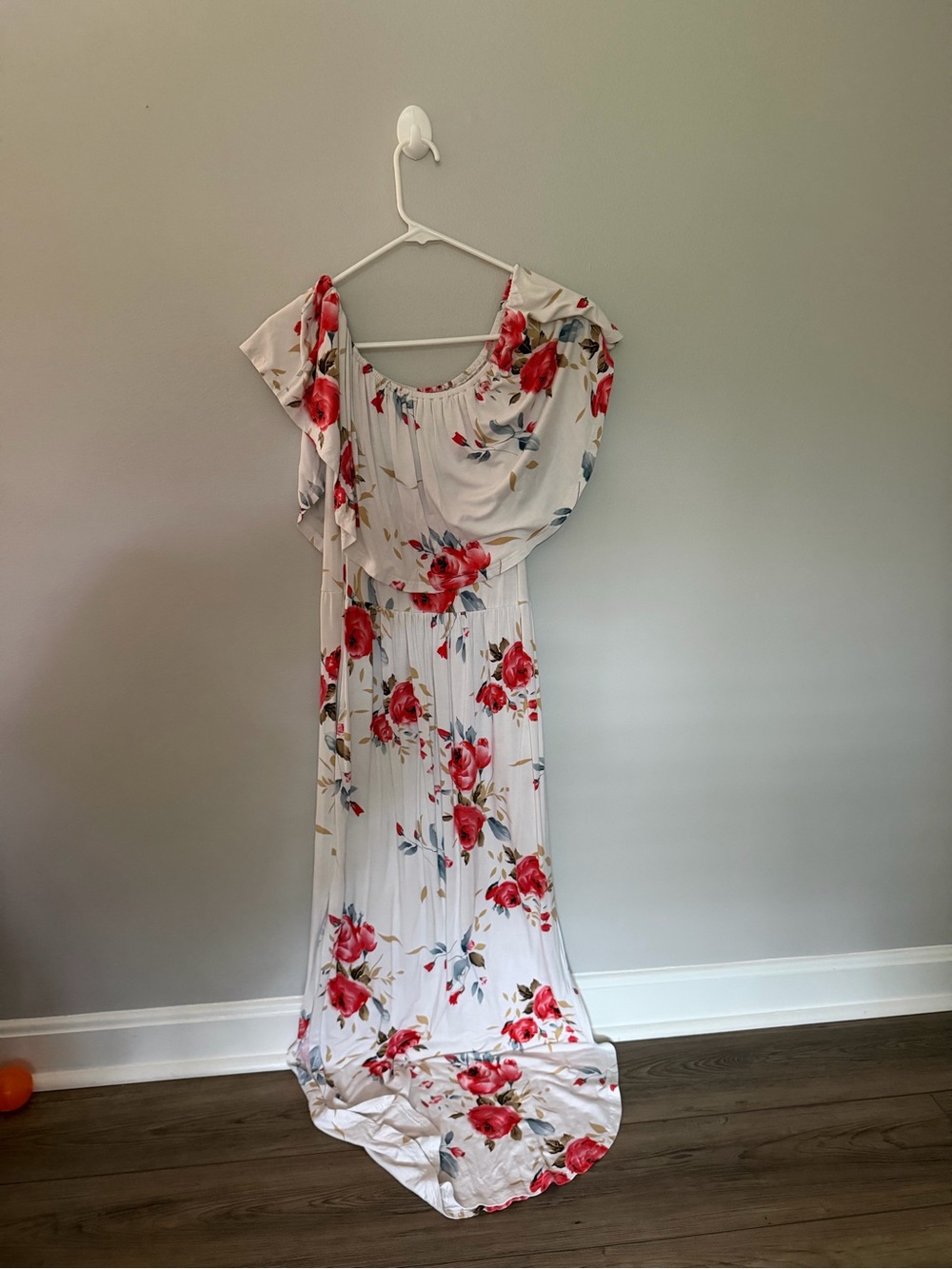 Floral White Maxi Dress with off the Shoulder Flounce Neckline, Bump Friendly